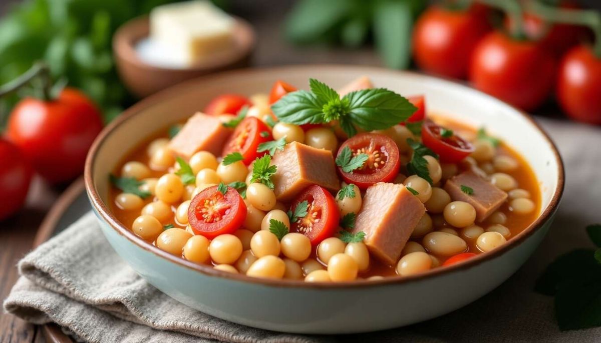 Savoureux haricots blancs à la tomate et poitrine de porc