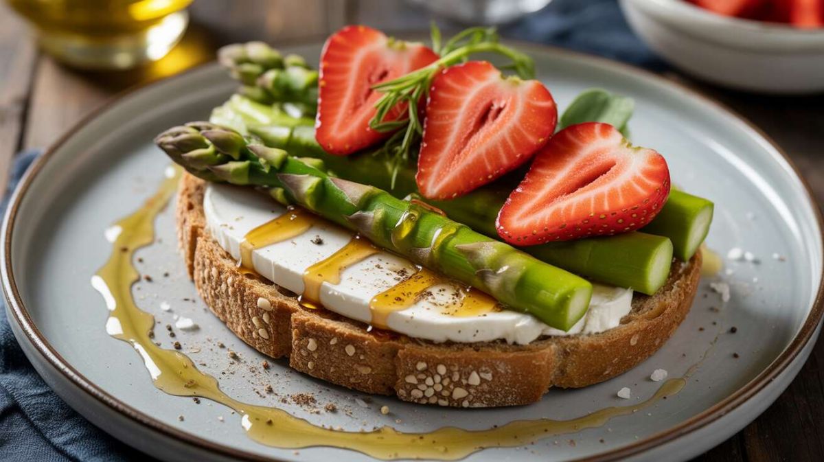 Un délice printanier : tartine au fromage frais, asperge verte et fraise