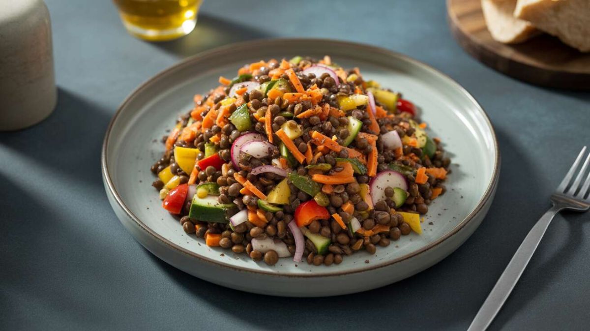 Une salade de lentilles beluga et légumes croquants en un clin d'œil