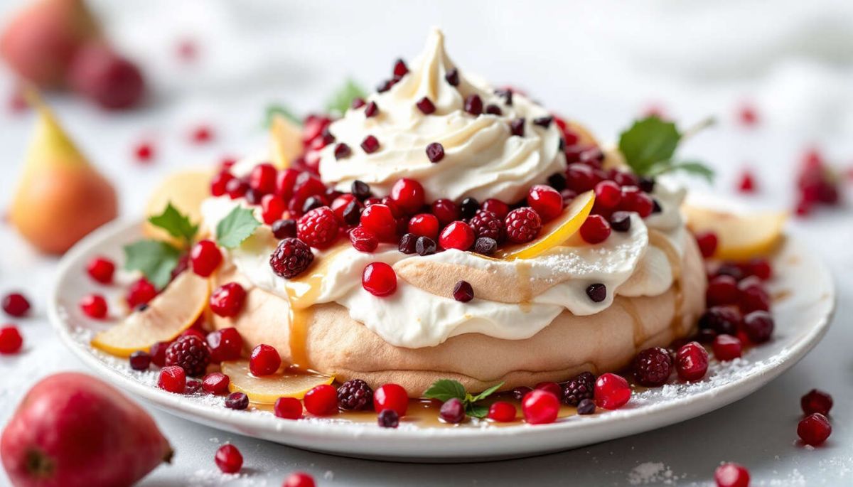Pavlova de Noël vegan aux cranberries, grenade et poire