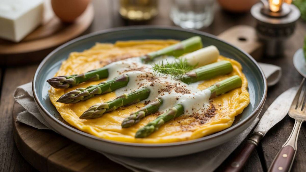 Une omelette légère aux asperges sauvages et fromage frais