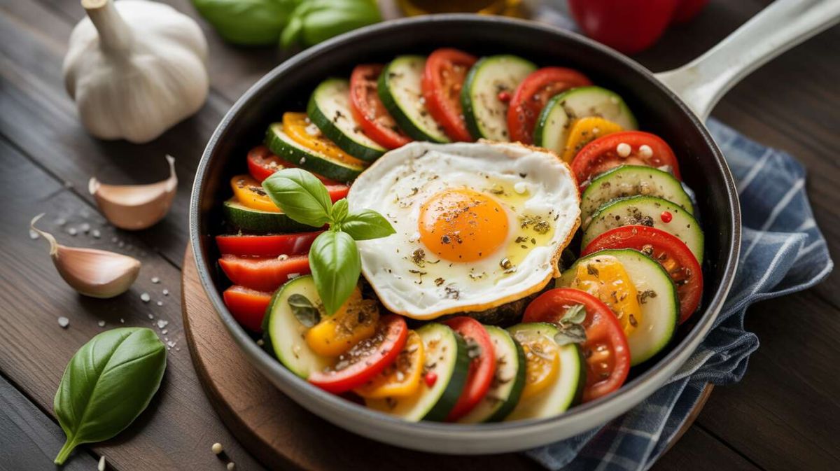 Savourer l'été avec une poêlée colorée de légumes, fromage de brebis et œuf parfait